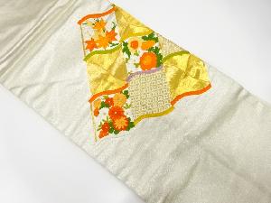 瓦に草花模様刺繍名古屋帯